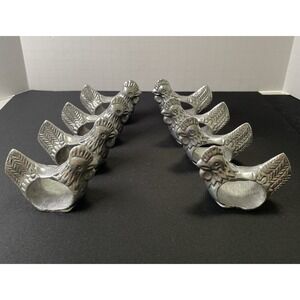 Vintage 1970s Set of 8 Pewter Chicken Rooster Napkin Rings French Country Rustic